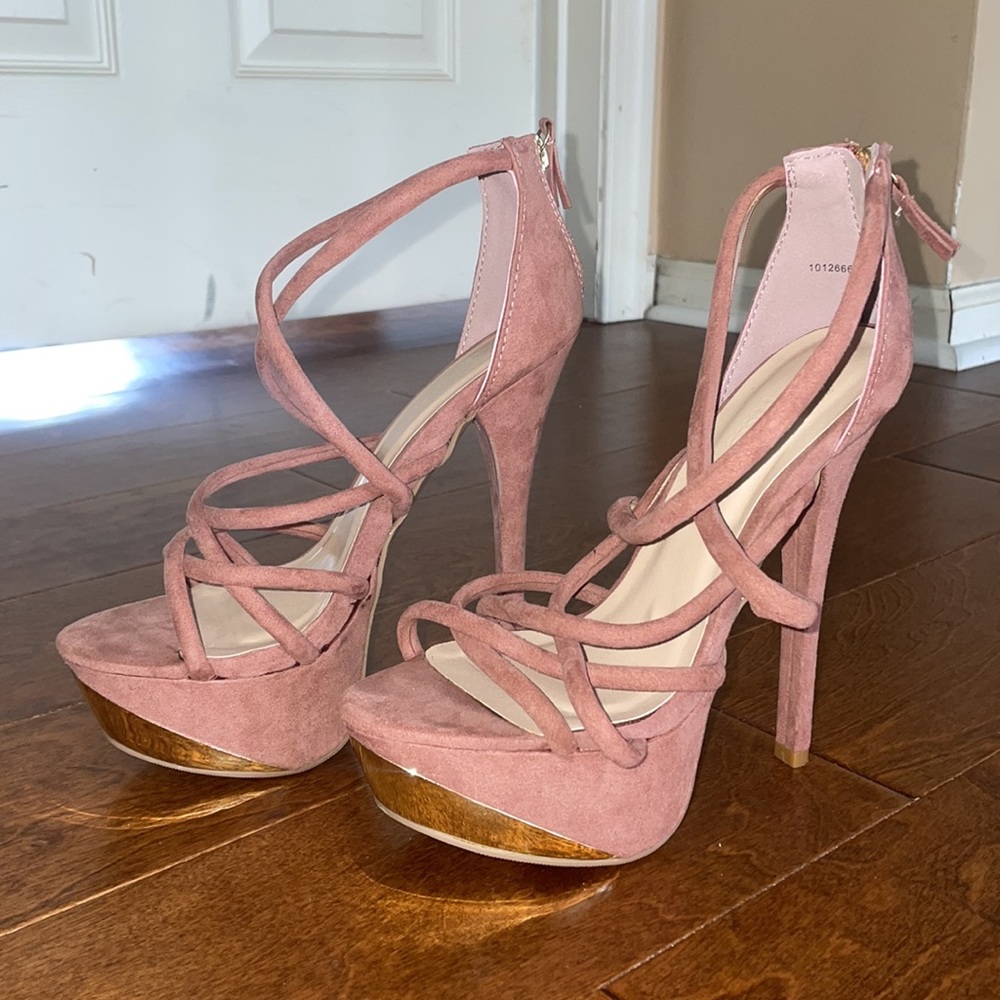 Pink faux suede platform heels